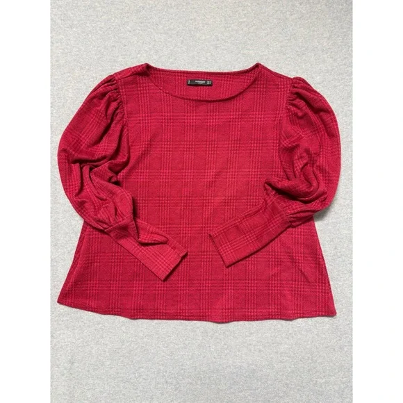 Mango Basics Red Glen Plaid Puff Sleeve Boat Neck Top Womens Size Small S - Picture 2 of 11